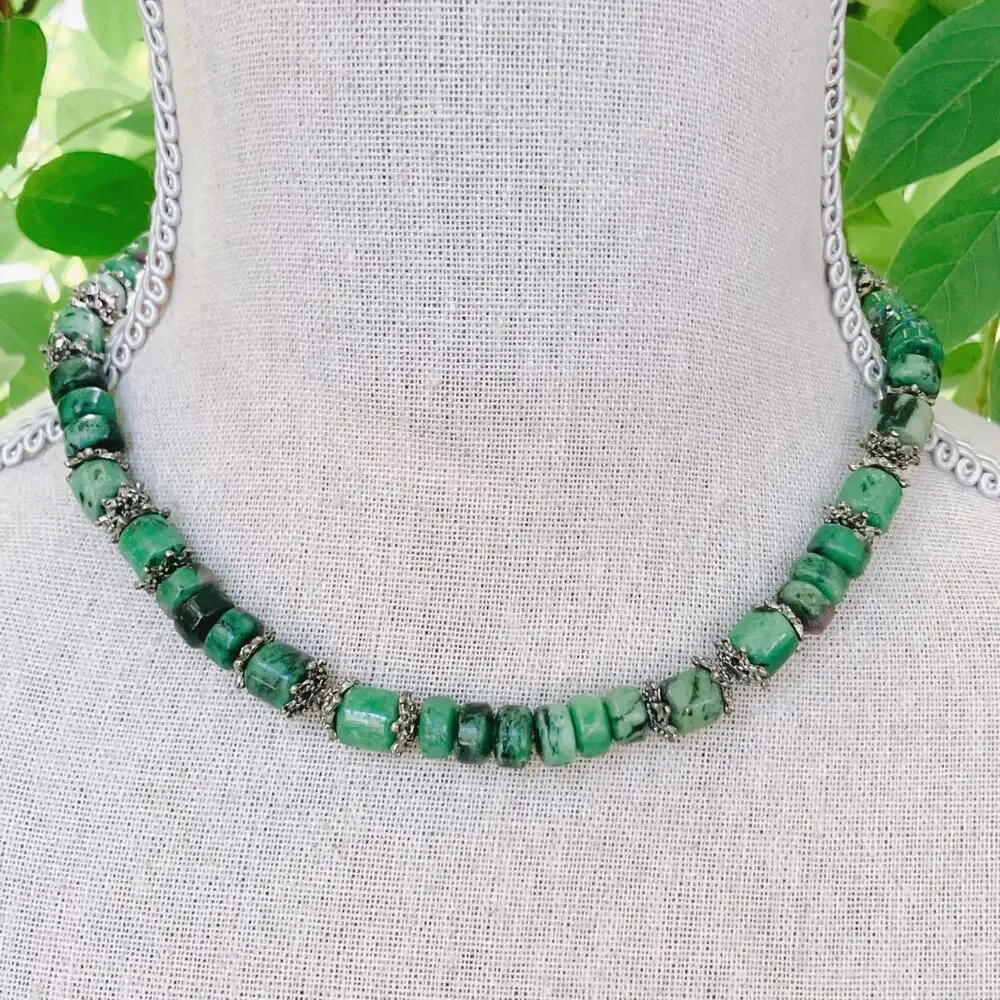 Genuine Ruby in Zoisite Green Gemstone Bead Necklace Silver Tone Artisan Choker